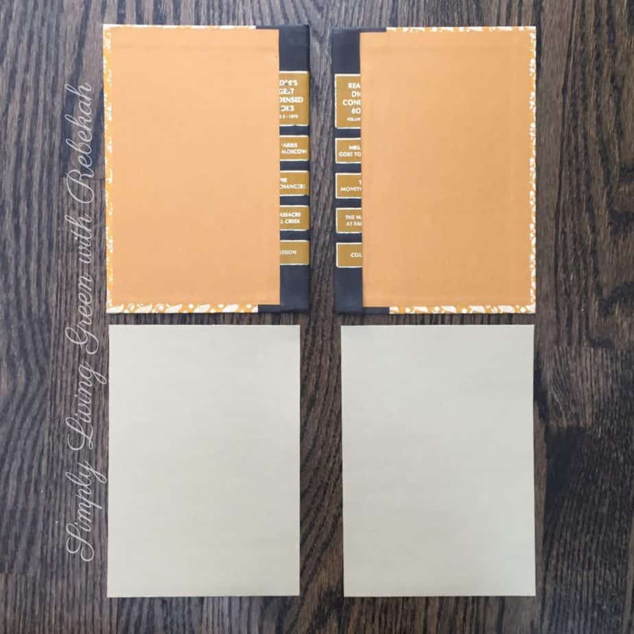 Next, cut decorative or colored paper to coordinate with your book covers and use spray adhesive to glue them on the inside of the front and back covers. 