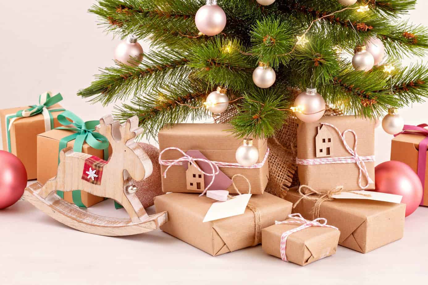 Decorated christmas tree with zero waste gift wrapping